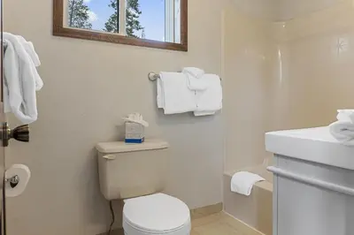 a white bathroom with a toilet and a sink at Peaceful 5BR Retreat with Hot Tub in Breckenridge