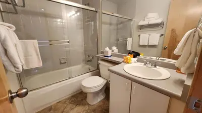 a bathroom with a toilet and a shower and a sink at Cozy Frisco Condo Near Lake and Trails in Frisco