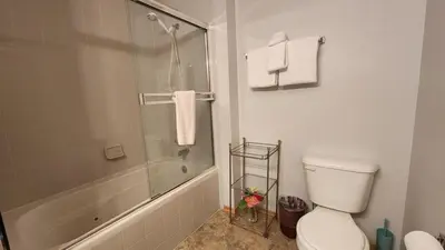 a bathroom with a shower and a toilet and a tub at Cozy Frisco Condo Near Lake and Trails in Frisco