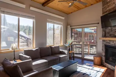 a living room with a couch and a fireplace at 2BR Riverside Cabin Near Trails with Hot Tub Access in Breckenridge