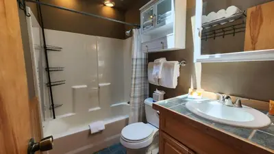 a bathroom with a sink and a toilet and a shower at Cozy 2BR with Great Views Near Trails in Silverthorne