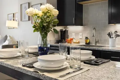 a kitchen counter with white dishes and a vase of flowers at 1 Mi to Dtwn Cozy Retreat in Golden, CO! in Golden