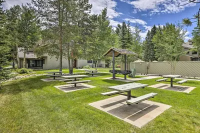 a park with picnic tables and a gazebo at Ski Retreat Keystone Resort Condo with Heated Pool! in Keystone