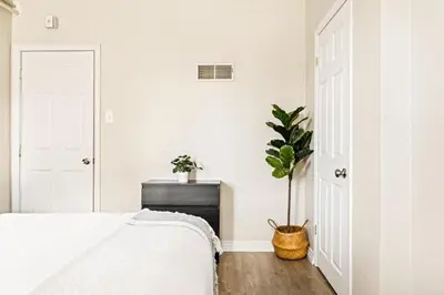 a bedroom with a bed and a potted plant at Stylish City Retreat - King Beds - Walk to Sloans Lake in Denver