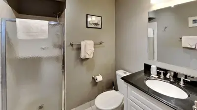 a bathroom with a shower and a toilet and a sink at 135 Marina Place in Dillon