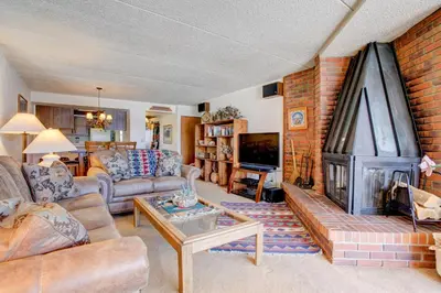 a living room with a couch and a fireplace at 207 Point Dillon in Dillon