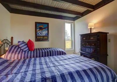 a bedroom with two twin beds and a dresser at A203 Treehouse in Silverthorne