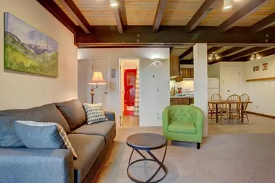a living room with a couch and a table at A203 Treehouse in Silverthorne