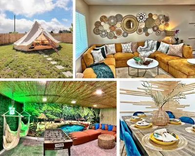 a collage of pictures of a living room and a tent at NEW: Tulum Oasis in Denver w/ Hot Tub & Games in Denver