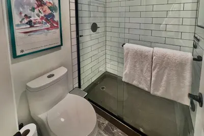 a bathroom with a white toilet and a shower at Mountain Vista Retreat in Winter Park