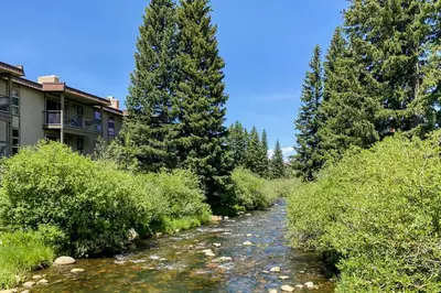 a river with trees on the side of a building at Mountain Vista Retreat in Winter Park