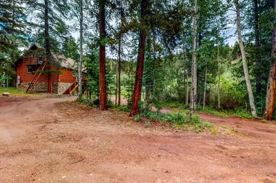 a dirt road in front of a cabin in the woods at Deck and Mtn Views! Family A-Frame Cabin in Bailey in Highland Park