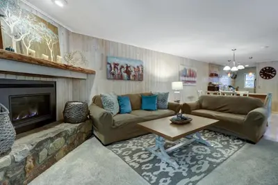 a living room with a couch and a fireplace at 107 Woodbridge condo in Frisco
