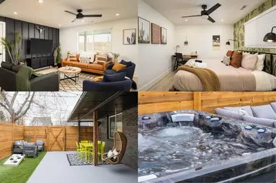 a collage of pictures of a bedroom and a living room at Wild West Disco Haus 2! New Hot Tub, Patio + Gym in Denver