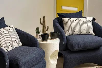 two blue chairs and a cactus in a room at Wild West Disco Haus! Sleeps 12, Hot Tub + Gym! in Denver