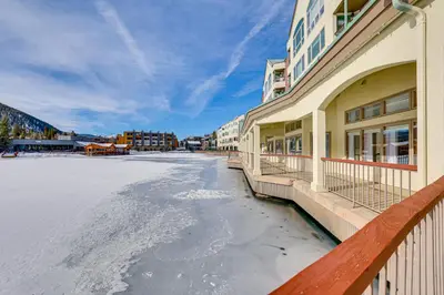 a frozen street in front of a building at Keystone Lake Haven Heated Pool and Ski Shuttle! in Keystone