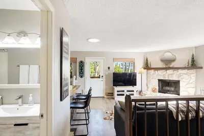 a living room with a sink and a fireplace at The Tree House in Evergreen
