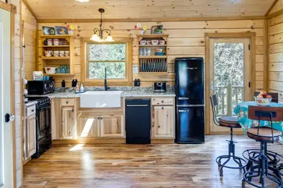 a kitchen with a black refrigerator and a sink at Private Hot Tub and Pond Conifer Log Cabin in Conifer
