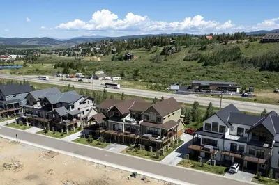 an aerial view of houses in a residential neighborhood at Hay Meadow Lodge townhouse in Fraser