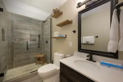 a bathroom with a shower and a toilet and a sink at 701B Quail in Fraser