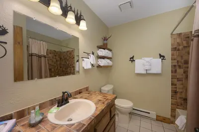 a bathroom with a sink and a toilet and a mirror at 701B Quail in Fraser