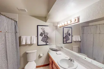 a bathroom with a sink and a toilet and a mirror at Work and Play! Spacious Lake-View Home in Greeley in Greeley