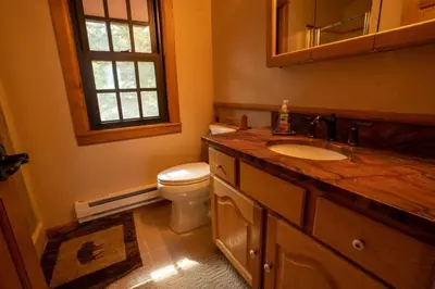 a bathroom with a toilet and a sink and a mirror at Warm Woodland Getaway with Land in Red Feather Lakes