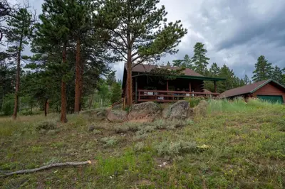 a house in the middle of a field with trees at Warm Woodland Getaway with Land in Red Feather Lakes