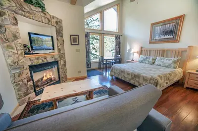 a living room with a bed and a fireplace at Sunnyside Knoll- 18 cabin in Estes Park