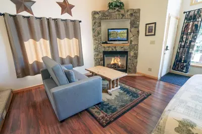 a living room with a couch and a fireplace at Sunnyside Knoll- 18 cabin in Estes Park