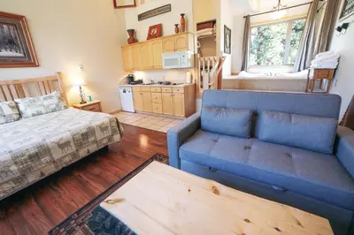 a living room with a couch and a bed at Sunnyside Knoll- 18 cabin in Estes Park
