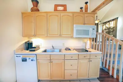 a kitchen with a sink and a microwave at Sunnyside Knoll- 18 cabin in Estes Park