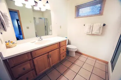 a bathroom with a sink and a toilet and a mirror at Sunnyside Knoll- 18 cabin in Estes Park