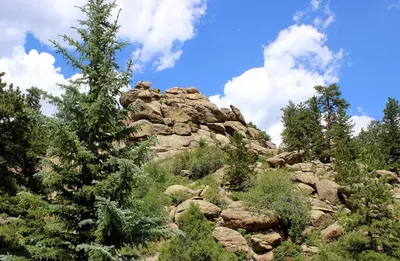 a rocky mountain with trees and a blue sky at Sunnyside Knoll- 18 cabin in Estes Park