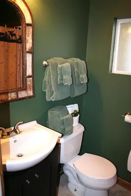 a bathroom with a sink and a toilet and a mirror at Triple R Cottages- 6 cabin in Estes Park