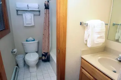a bathroom with a toilet and a sink at Timber Creek Chalets- 9 chalet in Estes Park