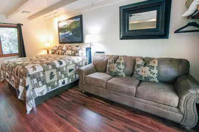 a living room with a couch and a bed at Sunnyside Knoll- 10 studio in Estes Park