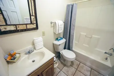 a bathroom with a sink and a toilet and a shower at Fawn Valley Inn- 295 condo in Estes Park