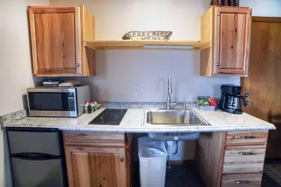 a small kitchen with a sink and a microwave at Lazy R Cottages- 18 cabin in Estes Park