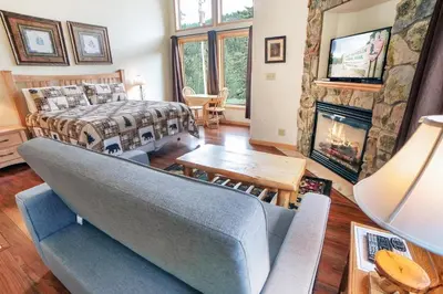 a living room with a bed and a fireplace at Sunnyside Knoll- 19 apts in Estes Park