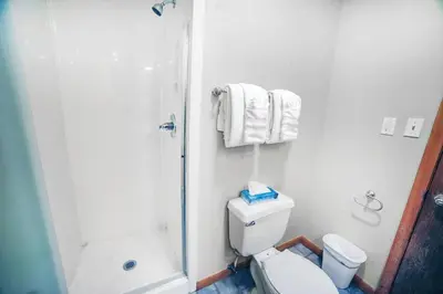 a white bathroom with a shower and a toilet at Sunnyside Knoll- 11 apts in Estes Park