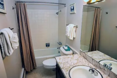 a bathroom with a sink and a toilet and a shower at Fawn Valley Inn- 282 condo in Estes Park
