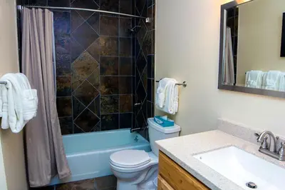 a bathroom with a toilet and a shower and a sink at Fawn Valley Inn- 303 apts in Estes Park