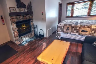 a living room with a bed and a fireplace at Sunnyside Knoll- 2 cottage in Estes Park