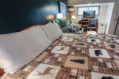 a bedroom with a bed with a quilt on it at Sunnyside Knoll- 2 cottage in Estes Park