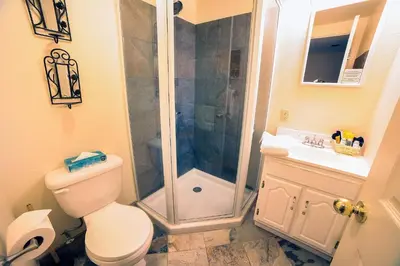 a bathroom with a shower and a toilet and a sink at Fawn Valley Inn- 106 condo in Estes Park