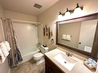 a bathroom with a sink and a toilet and a mirror at Fawn Valley Inn- 288 condo in Estes Park