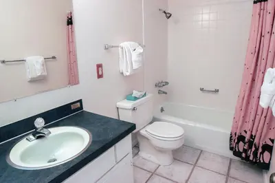 a bathroom with a sink and a toilet and a tub at Fawn Valley Inn- 290 condo in Estes Park