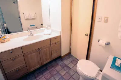 a bathroom with a sink and a toilet at Sunnyside Knoll- 14 studio in Estes Park