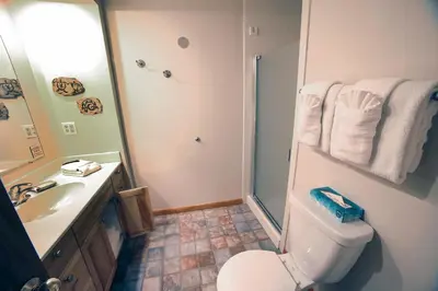 a bathroom with a toilet and a sink and a shower at Sunnyside Knoll- 12 apts in Estes Park